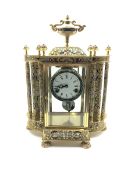 Brass and cloisonne decorated mantel clock, circular Roman and Arabic dial enclosed by bevel glazed