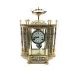 Brass and cloisonne decorated mantel clock, circular Roman and Arabic dial enclosed by bevel glazed