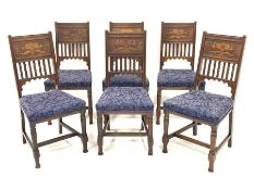 Set six late 19th century Art Nouveau period oak dining chairs with scrolled foliate inlay, upholste