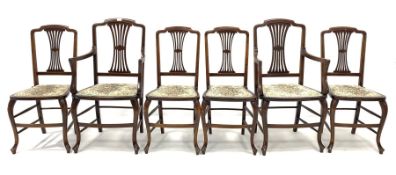 Set six (4+2) Edwardian mahogany dining chairs, with boxwood string inlay, pierced splats, upholste
