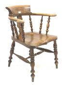 19th century elm and beech smokers bow armchair, shaped and pierced splat and spindle back, turned s