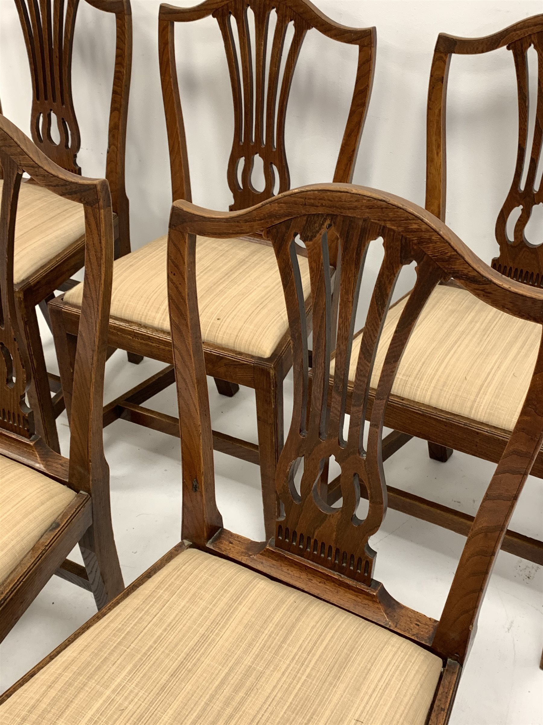 Set six 19th century elm dining chairs, shaped cresting rail over pierced vase shaped splats, uphols - Image 2 of 4