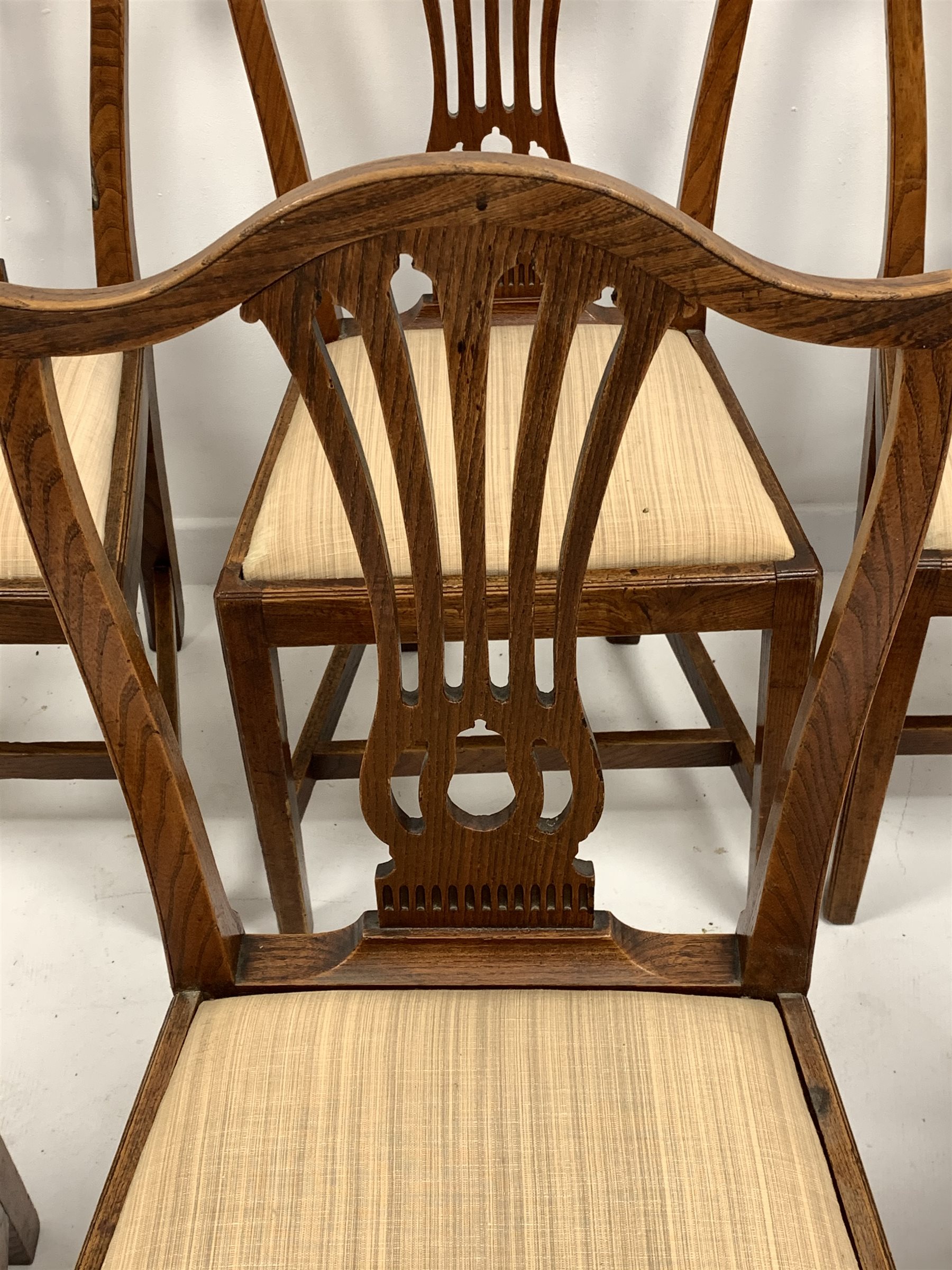 Set six 19th century elm dining chairs, shaped cresting rail over pierced vase shaped splats, uphols - Image 3 of 4