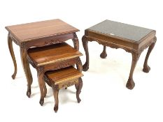 Georgian design walnut occasional table, inset granite top over leaf carved cabriole supports with