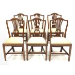 Set six 19th century elm dining chairs, shaped cresting rail over pierced vase shaped splats, uphols