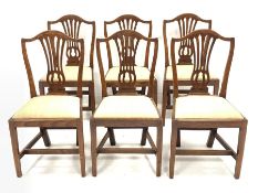 Set six 19th century elm dining chairs, shaped cresting rail over pierced vase shaped splats, uphols