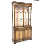 Reproduction mahogany Georgian style display cabinet, projecting dentil cornice above arcade frieze,