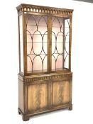 Reproduction mahogany Georgian style display cabinet, projecting dentil cornice above arcade frieze,