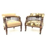 Pair late Victorian tub shaped armchairs, curved spindle gallery supporting upholstered backs, carve