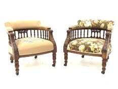 Pair late Victorian tub shaped armchairs, curved spindle gallery supporting upholstered backs, carve