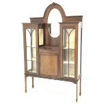 Edwardian inlaid mahogany drop centre display cabinet, oval bevelled edge mirror back, display cabin