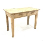 Early 20th century stripped pine kitchen side table, with two drawers, square tapered supports, 110