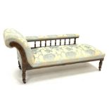 Edwardian beech framed chaise lounge, gallery back, turned supports with brass and ceramic castors,