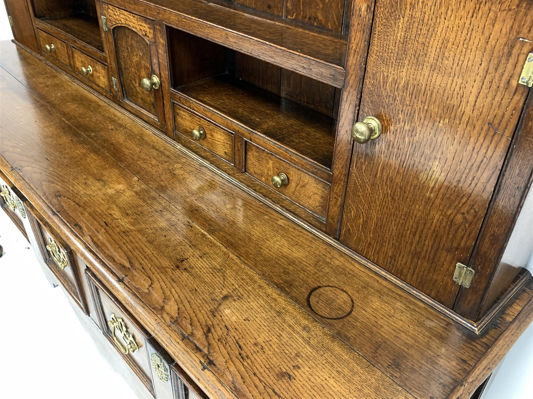 George III oak dresser, dentil cornice over open shelves and cupboards, three drawers under, raised - Image 7 of 8