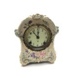 Late 19th century floral painted 'Royal Bonn' porcelain mantel clock, cartouche shaped case moulded