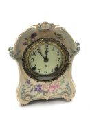 Late 19th century floral painted 'Royal Bonn' porcelain mantel clock, cartouche shaped case moulded