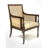 20th century Regency style mahogany bergere armchair, moulded frame, crewel work cover upholstered s