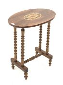 Victorian walnut centre table, oval top inlaid with flower head and foliage, four bobbin turned supp