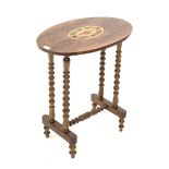 Victorian walnut centre table, oval top inlaid with flower head and foliage, four bobbin turned supp