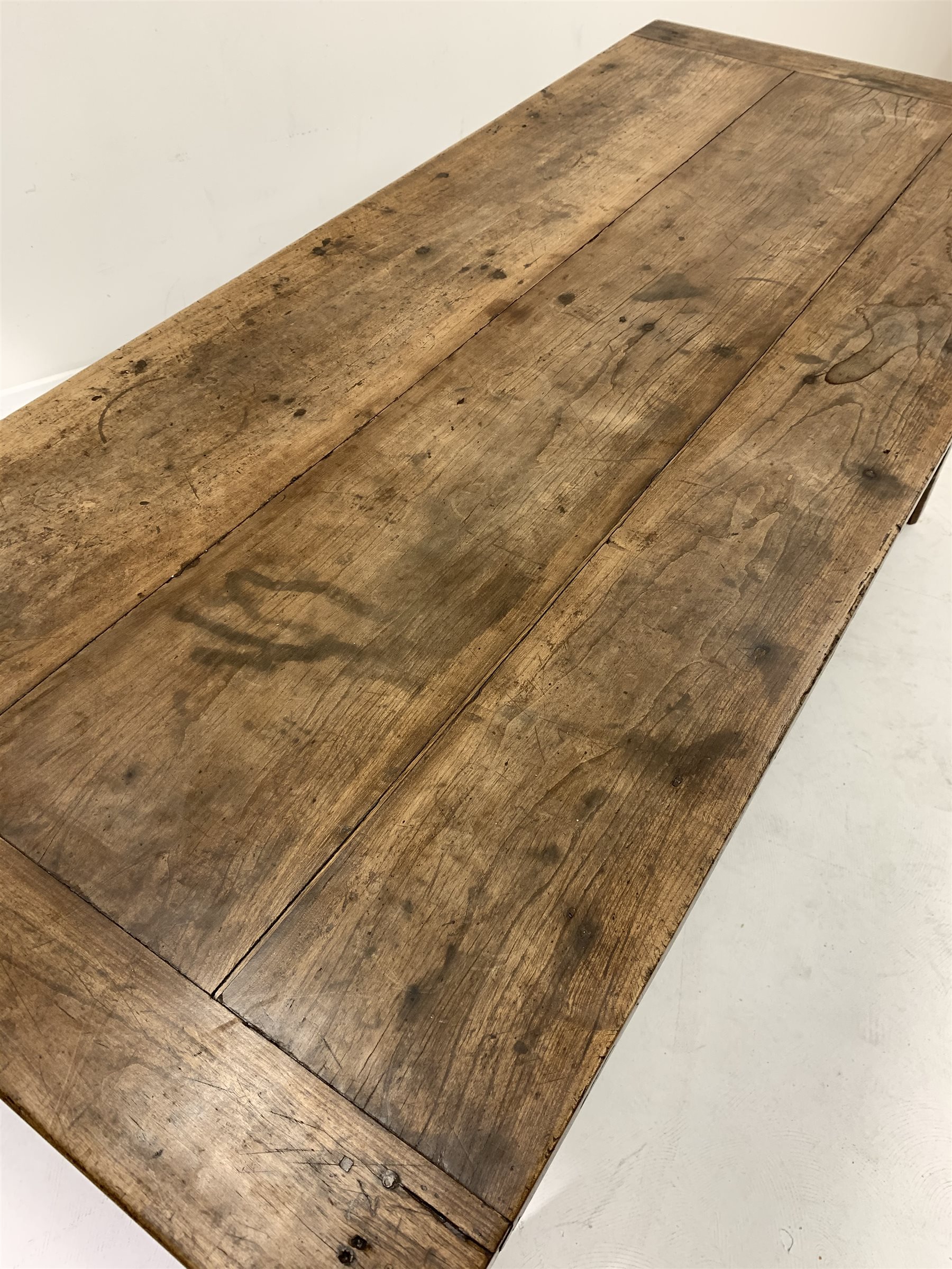 19th century French fruit wood kitchen table, plank top with bread boarded ends, straight supports c - Image 2 of 8