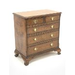 Late 20th century figured walnut chest fitted with two short and three long drawers, raised on ogee