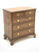 Late 20th century figured walnut chest fitted with two short and three long drawers, raised on ogee