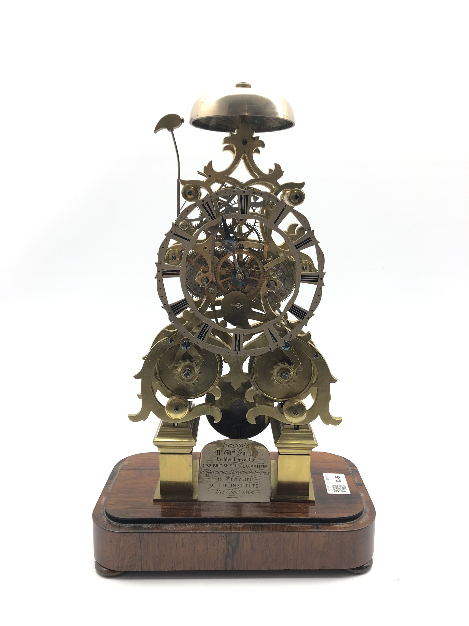 Victorian circa. 1864 brass skeleton clock, twin fusee movement striking on bell, pierced silvered R - Image 2 of 6