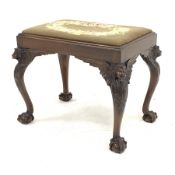 20th century mahogany dressing table stool, drop in seat upholstered in floral needlework cover, cab