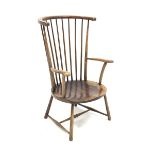 20th century beech high comb back chair on turned supports with H shaped stretcher, H104cm