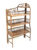 19th century lacquered bamboo three tier etagere with folding top shelf, W77cm, H132cm, D39cm