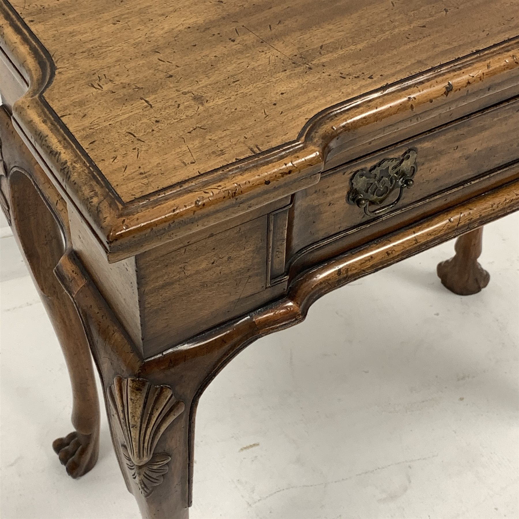 Georgian style mahogany reverse breakfront games table, moulded fold over top with inlaid chess boar - Image 2 of 6