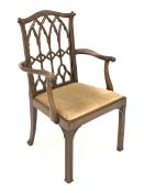 20th century mahogany Chippendale style Gothic carver armchair, serpentine cresting rail relief carv