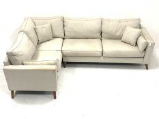 Barkers of Northallerton - corner sofa upholstered in light grey fabric on outsplayed tapering stain