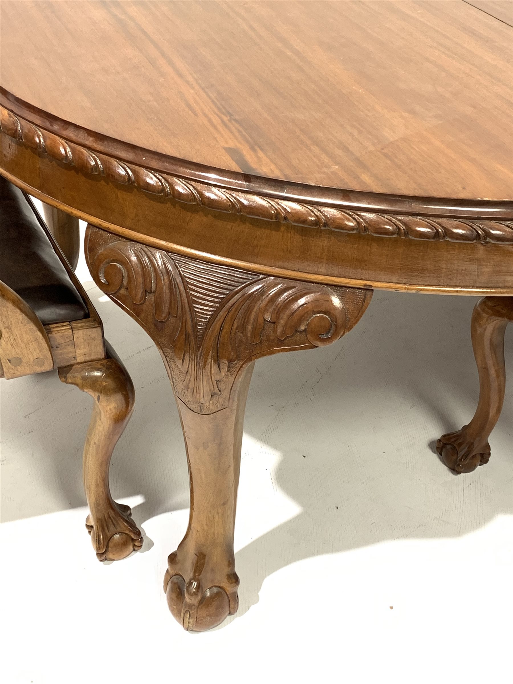 Early 20th century mahogany dining table, oval gadroon carved telescopic extending top with four add - Image 2 of 9