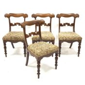 Set four Victorian dining chairs, shaped scroll carved middle rail, upholstered drop on seats, turne