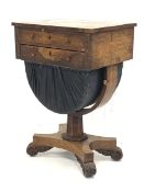 William IV rosewood sewing table, rectangular top over drawer and sliding upholstered bag of curved