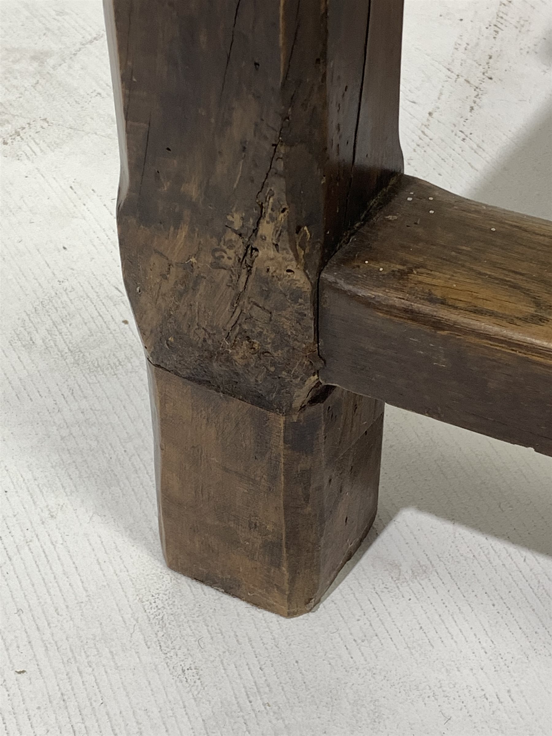 19th century French fruit wood kitchen table, plank top with bread boarded ends, straight supports c - Image 6 of 8