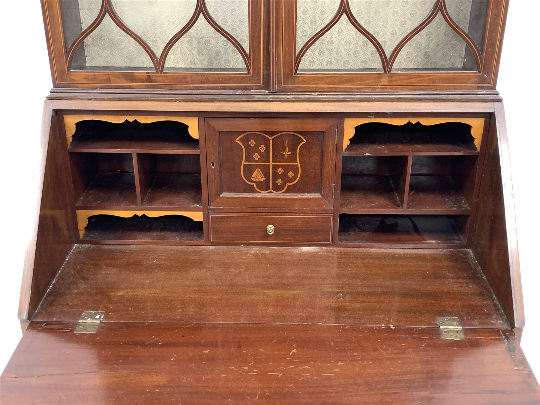 Edwardian mahogany bureau bookcase, the upper section enclosed by a pair of glazed tracery doors, wi - Image 5 of 5