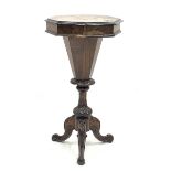 Victorian walnut trumpet sewing table, octagonal moulded hinged top enclosing fitted interior, acant