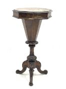 Victorian walnut trumpet sewing table, octagonal moulded hinged top enclosing fitted interior, acant