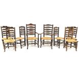 Matched set eight (6+2) 19th century oak and ash ladder back dining chairs, with rush seats and tur