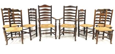 Matched set eight (6+2) 19th century oak and ash ladder back dining chairs, with rush seats and tur
