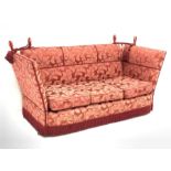 20th century Knole drop end three seat sofa upholstered in claret foliage patterned damask fabric, W