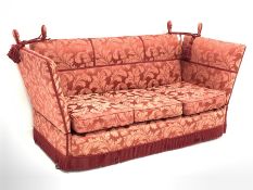 20th century Knole drop end three seat sofa upholstered in claret foliage patterned damask fabric, W