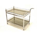 1970s vintage chrome and smoked glass two tier drinks trolley, L87cm (including handles), 75cm x 47c