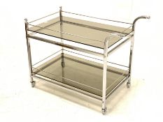 1970s vintage chrome and smoked glass two tier drinks trolley, L87cm (including handles), 75cm x 47c