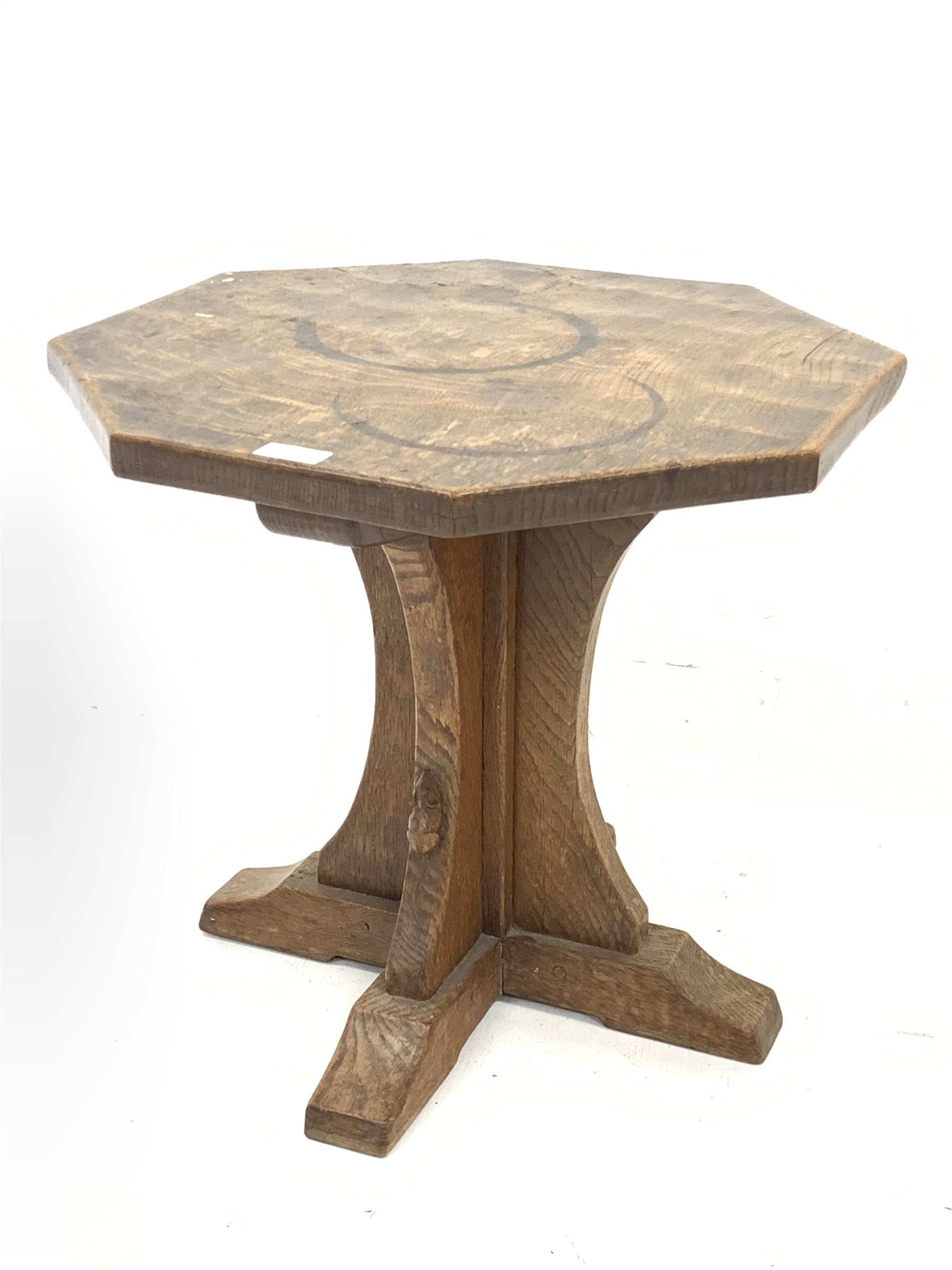 'Mouseman' oak octagonal side table, cruciform base on sledge feet, circa. 1950s, by Robert Thompson