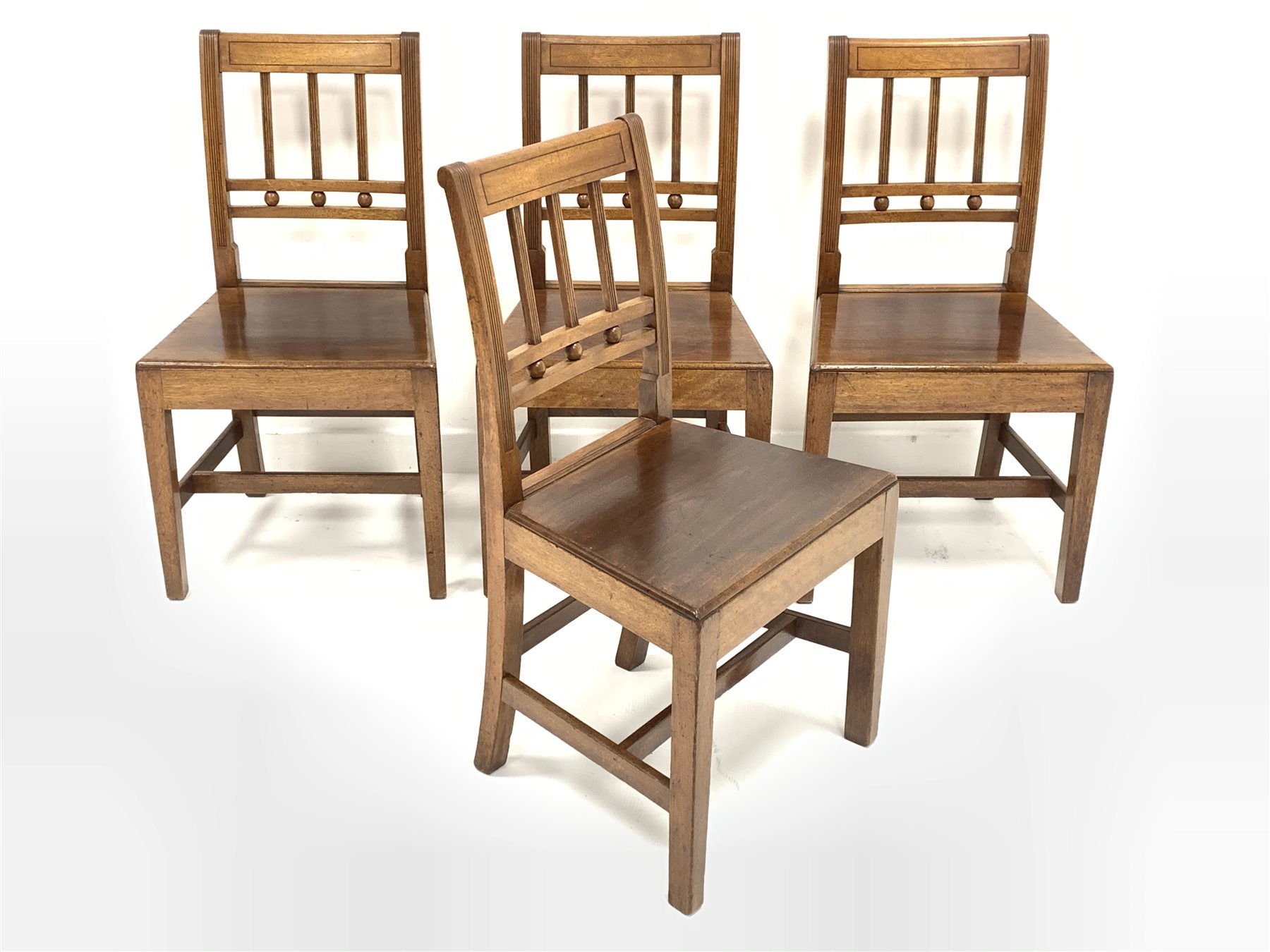 19th century set four elm dining chairs with reeded uprights and ebony stringing to top rail