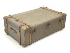 Canvas, wooden and metal bound steamer trunk style coffee table with drawer to each end, 84cm x 132c