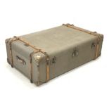 Canvas, wooden and metal bound steamer trunk style coffee table with drawer to each end, 84cm x 132c